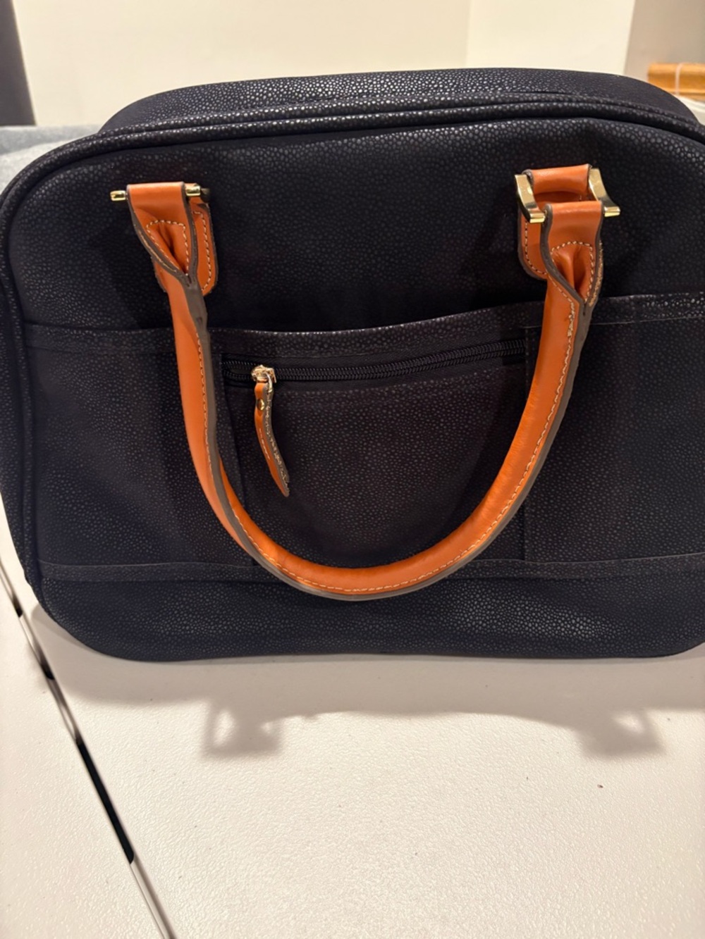 Women’s Navy weekender bag with Brown Leather Handles and Trim - Picture 6 of 8